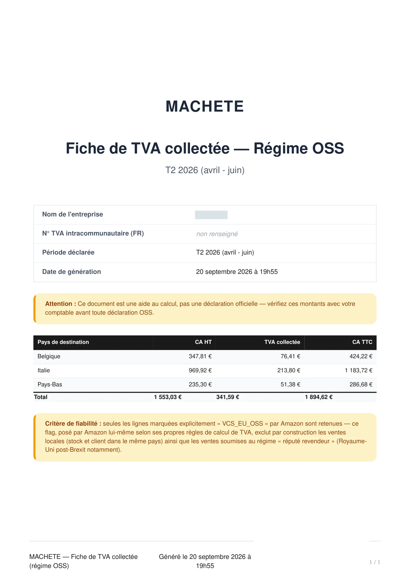Fiche de TVA OSS — Fiche trimestrielle · page 1 sur 1. Aperçu du document réel sans identifiant d’entreprise.